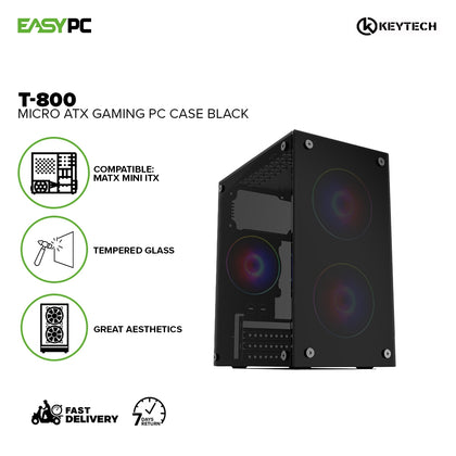 Keytech T-800 Micro ATX Tempered Glass Gaming PC Case Black