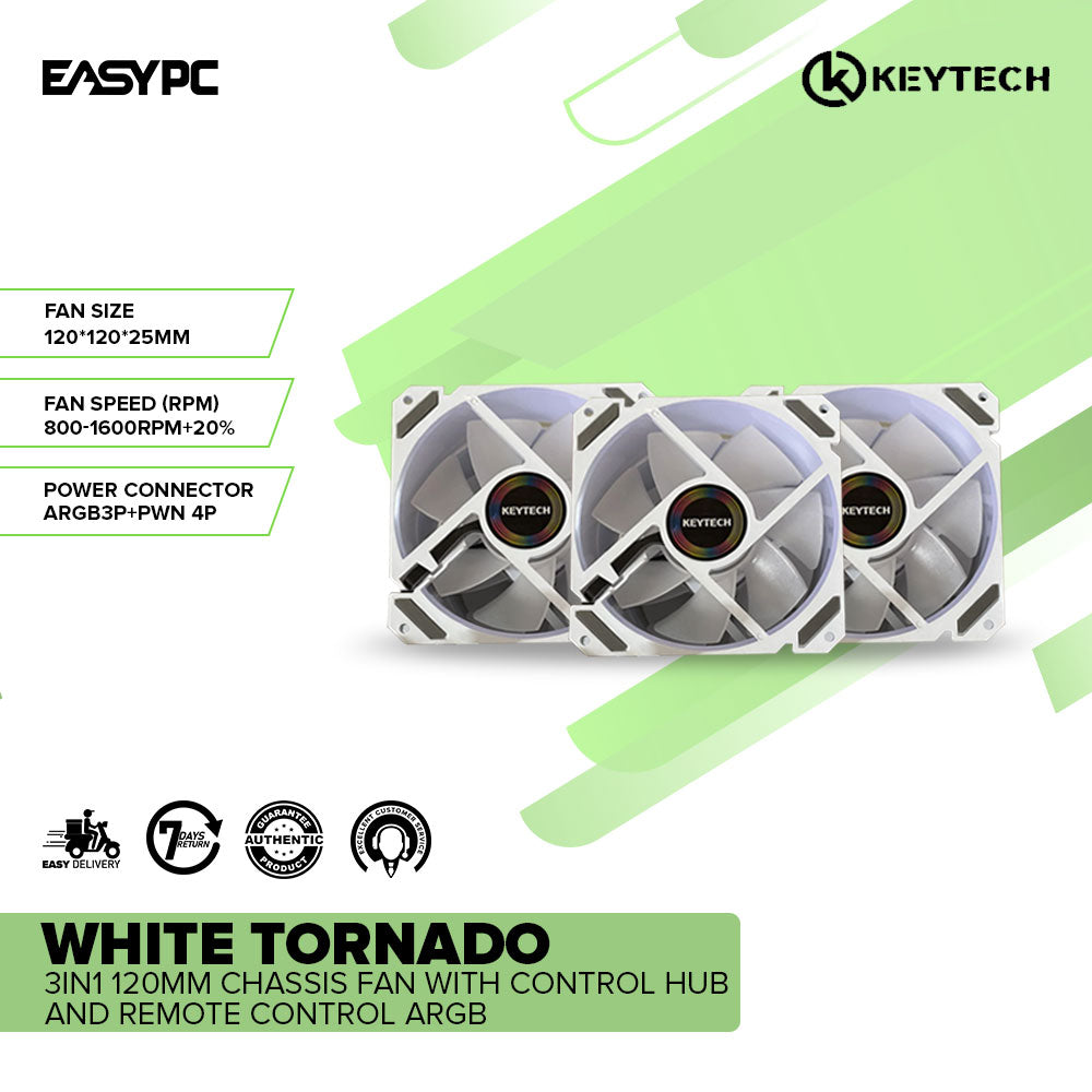 Keytech White Tornado 3in1 120mm Chassis Fan with Control Hub and Remo ...