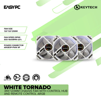 Keytech White Tornado 3in1 120mm Chassis Fan with Control Hub and Remote Control ARGB