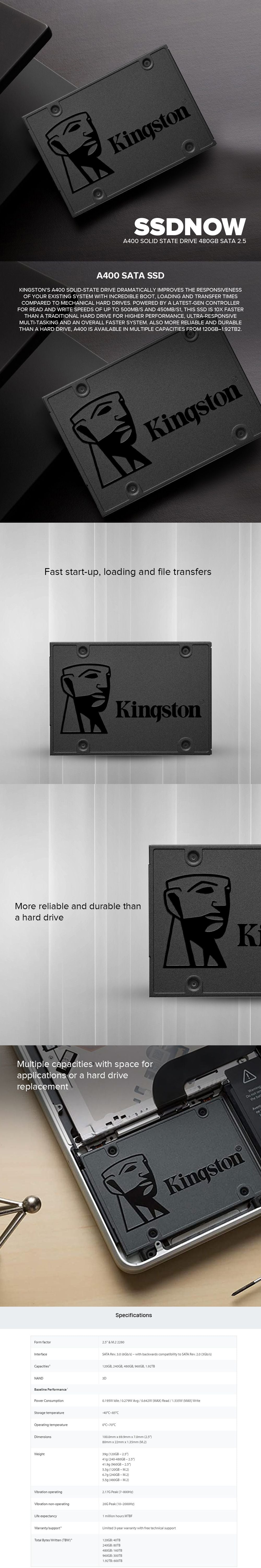 Kingston A400 SSD 480GB SATA 3 2.5 Inch Solid State Drive Dark Gray