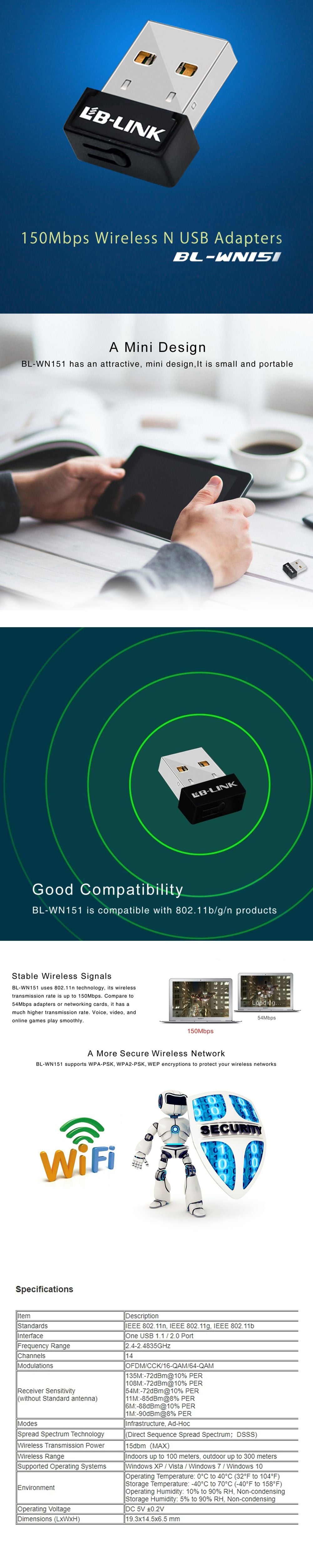 Clé Wifi LB-Link BL-WN151 – Adaptateur Nano USB Wireless 150Mbps – LARABI  ELECTRONIC