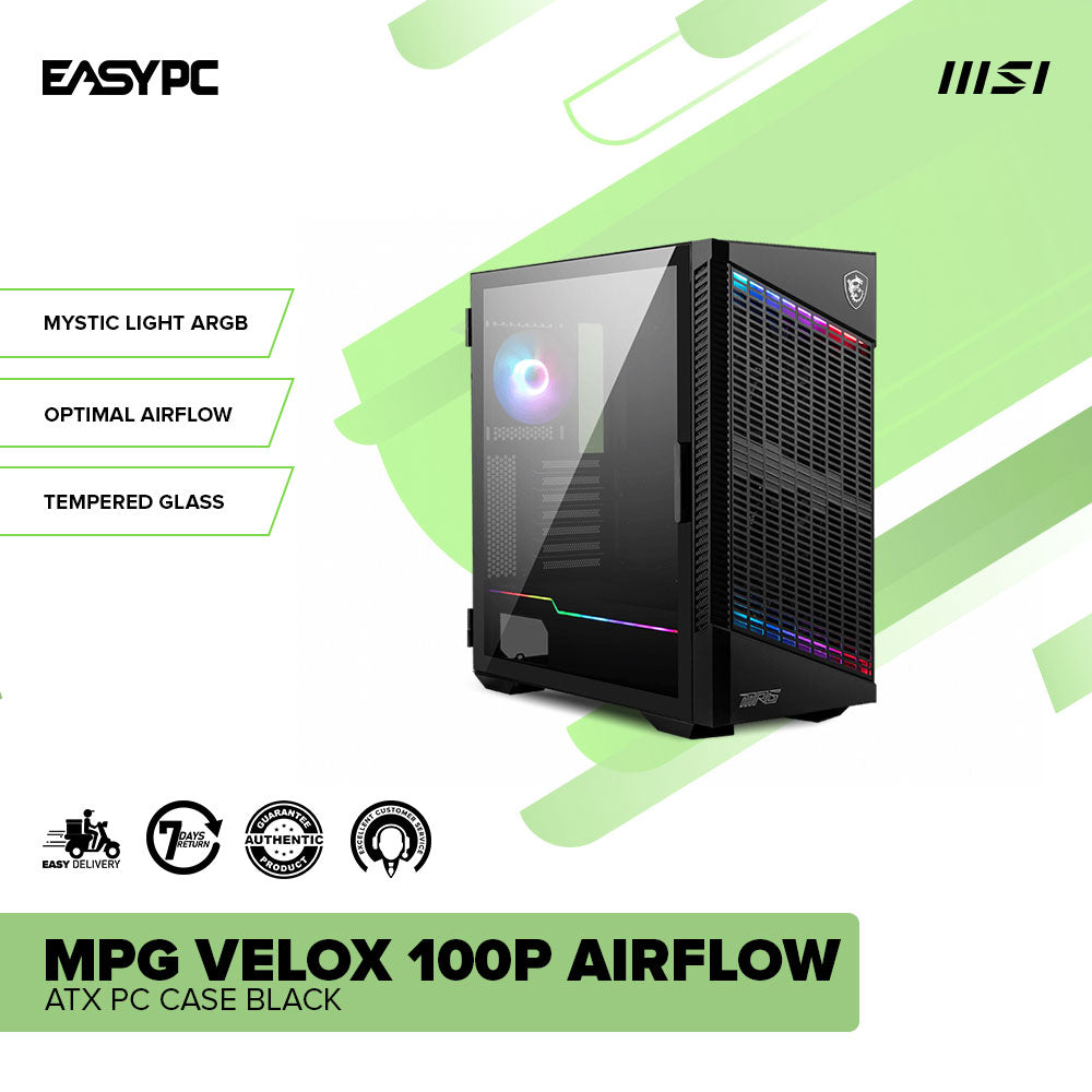 MSI MPG Velox 100P Airflow Ventilated Front Panel Vertical GPU Mount Insta Light Loop Button ATX PC Case Black