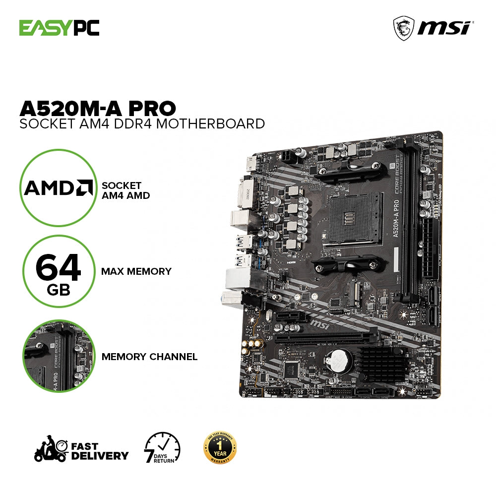 MSI A520M PRO Moederbord – AM4, DDR4, PCIe 4.0, Dual M.2, Micro-ATX, Voor AMD Ryzen