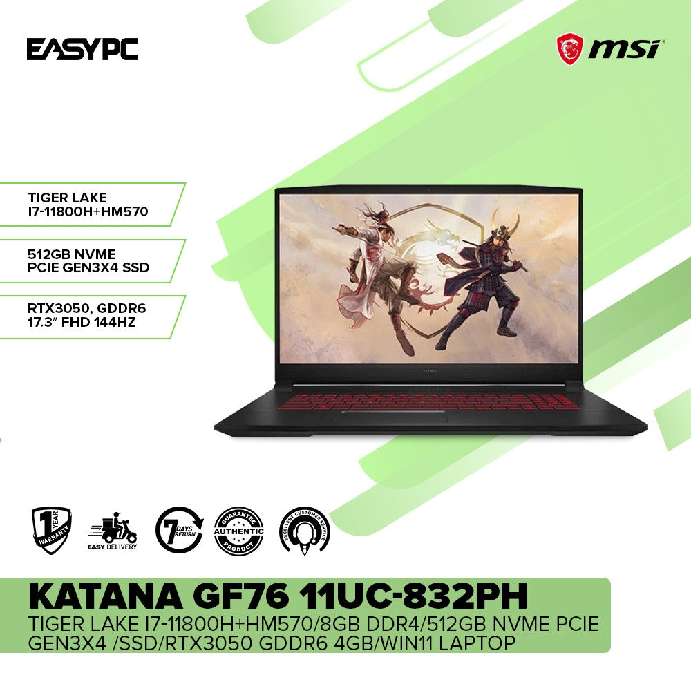 MSI Katana GF76 11UC-832PH Tiger Lake i7-11800H+HM570/8GB DDR4/512GB NVMe PCIe Gen3x4 SSD/RTX3050 GDDR6 4GB/Win11 Laptop + Value Plus