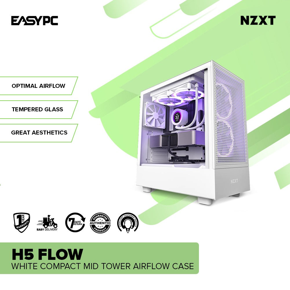 NZXT H5 Flow RGB w/ RGB Fans Compact Midtower Airflow Case Black, White