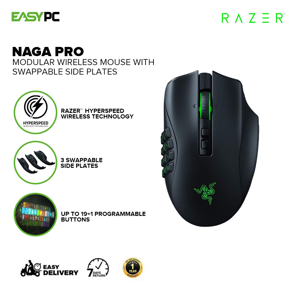 Razer Naga Pro Modular Wireless Gaming Mouse with Swappable Side Plate w/ 2, 6, 12 Button Configurations, Focus+ 20K DPI Optical Sensor Fastest Gaming Mouse RZ01-03420100-R3A1 1ION RARZ2192