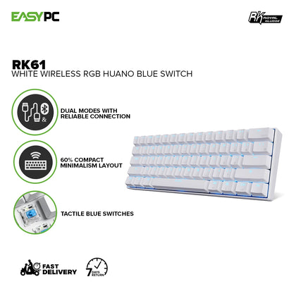 Royal Kludge RK61 ABS Double Shot Keycaps, White & Black Case, Blue & Brown Switch RGB Mechanical Gaming Keyboard  4JTP