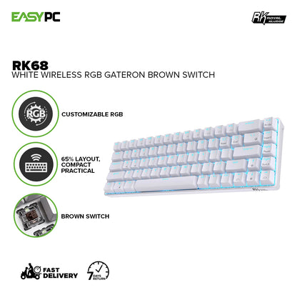 Royal Kludge RK68 Keys Wireless Detachable Type C White & Black Case Brown & Blue Switch Mechanical Gaming Keyboard 4JTP