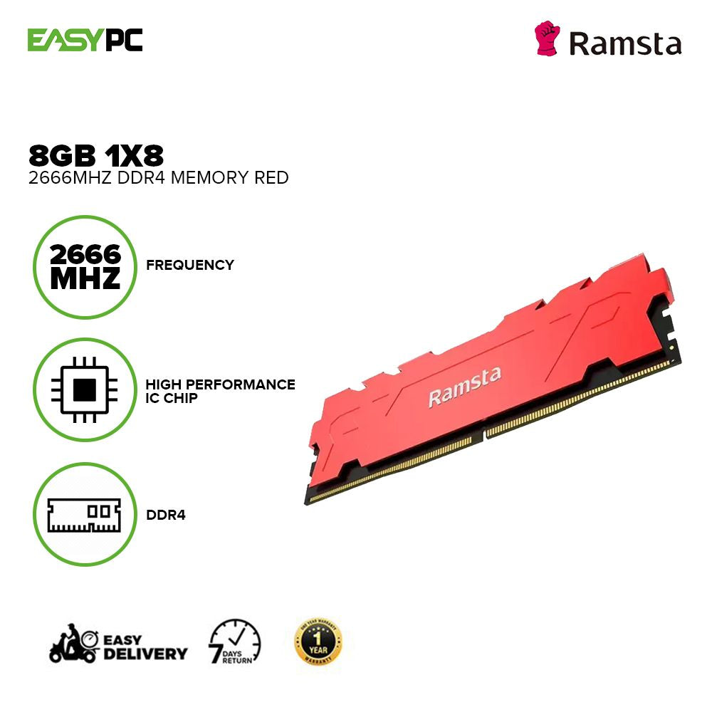 Ramsta 8gb 1x8 Ddr4-2666mhz Red Wide Narrow Design,Innovative