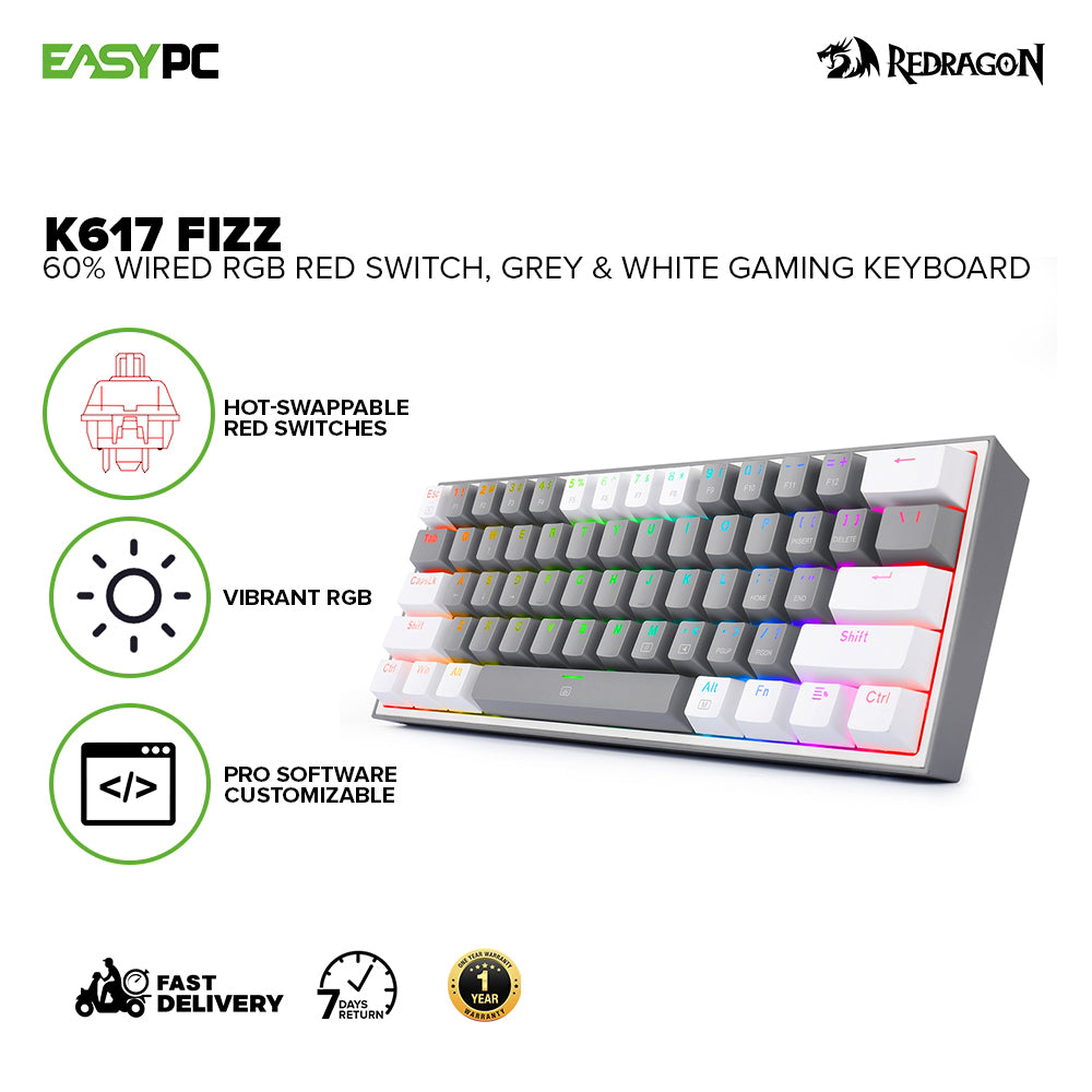 Redragon K617 FIZZ 60% Red Switch, Black/ Grey &amp; White Case Wired 