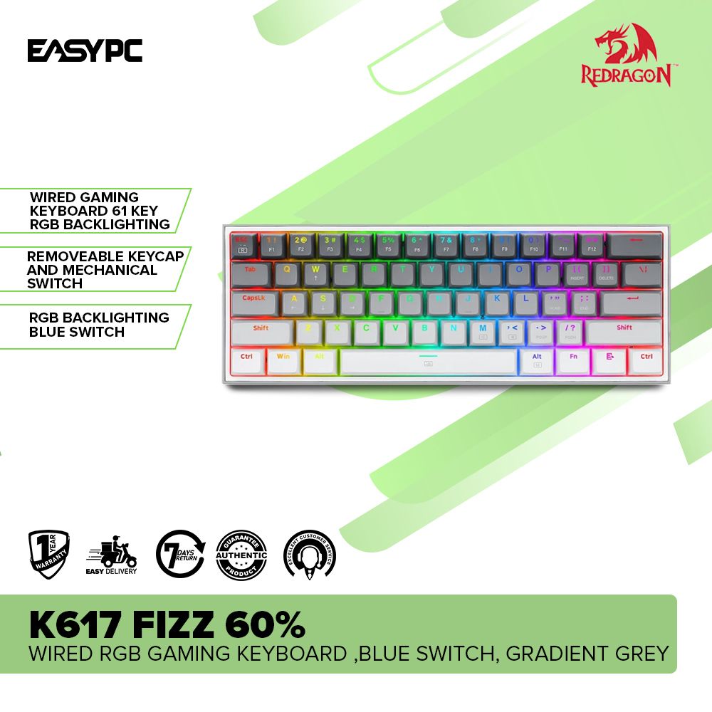 Redragon K617 FIZZ 60% Wired RGB Gaming Keyboard ,Blue Switch, Gradient Grey-a