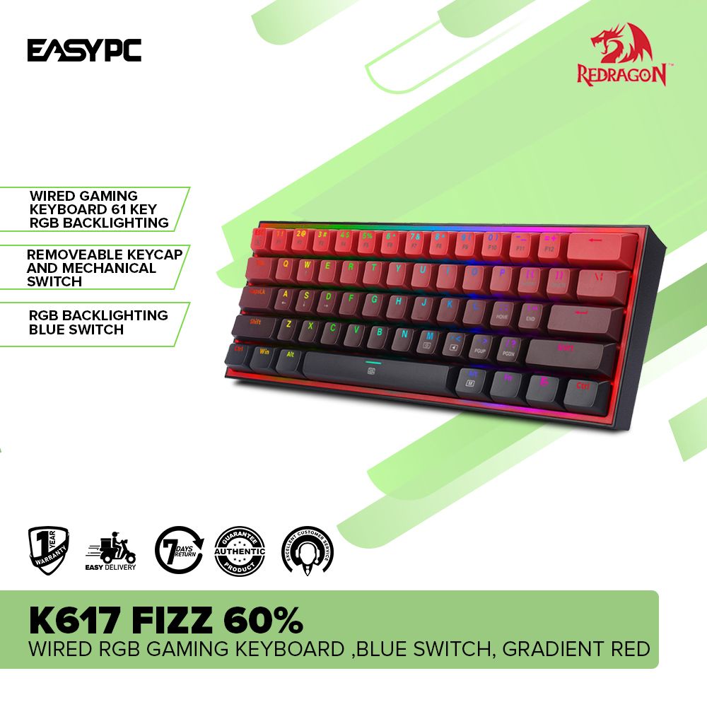 Redragon K617 FIZZ 60% Wired RGB Gaming Keyboard ,Blue Switch, Gradient Red-a