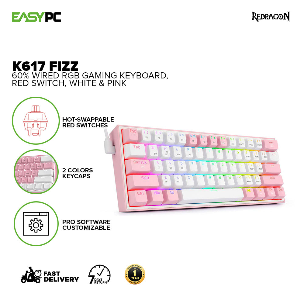 Redragon K617 FIZZ 60% Wired RGB Gaming Keyboard White and Pink-a