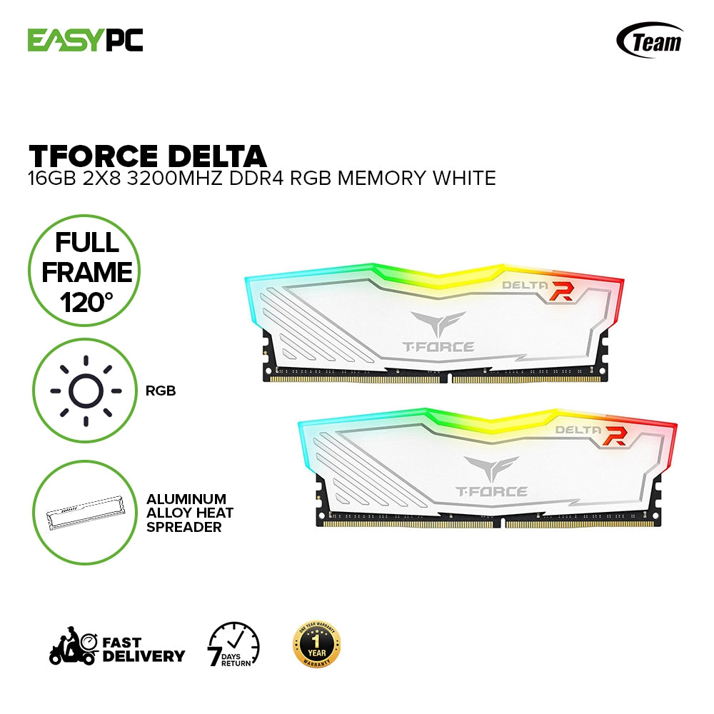 Team Elite TForce Delta 16gb 2x8 3200mhz Ddr4 RGB Memory White