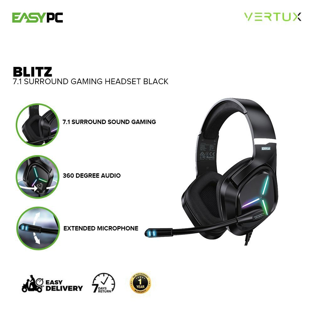 Vertux Blitz 7.1 Surround Black & Red, 360 Degree Audio for immersive sound and experience,Gaming Headset 17PRO
