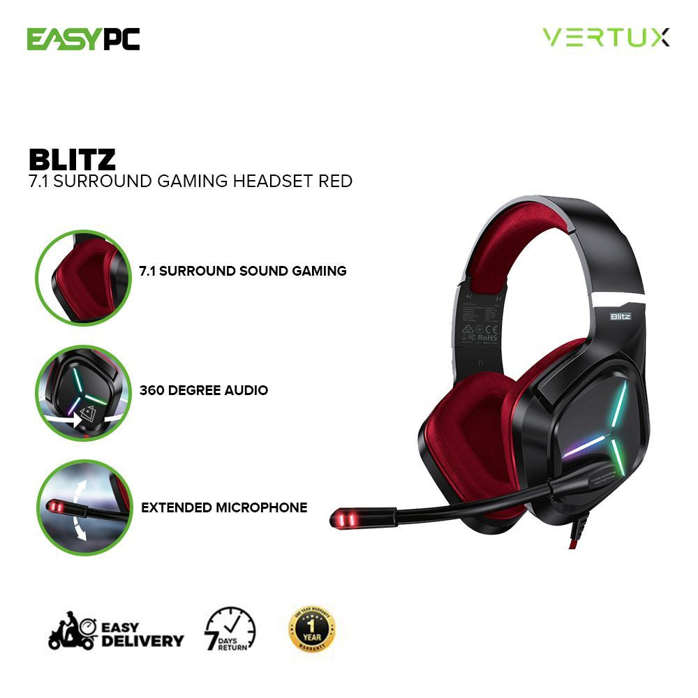 Vertux Blitz 7.1 Surround Black & Red, 360 Degree Audio for immersive sound and experience,Gaming Headset 17PRO