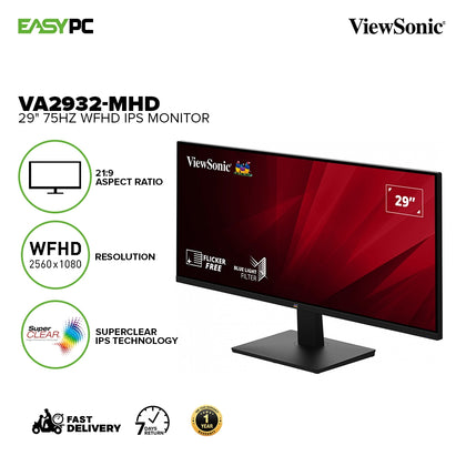 Viewsonic VA2932-MHD 29 inch 75Hz WFHD 2560 x 1080 resolution, SuperClear IPS Technology panel Monitor 1ION
