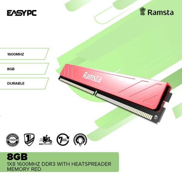 Ramsta 8gb 1x8 1600mhz U-DIMM DDR3 RAM 288 Pin with Heatspreader Memory Red - Image 2