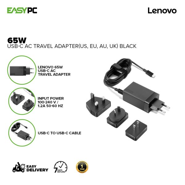 Lenovo 65W USB-C AC Travel Adapter (US, EU, AU, UK)/Black ,Hardware Requirements Support qualified Lenovo and ThinkPad USB-C devices, tablets or mobile devices Travel Adapter G0A6N065WW 1ION LEG02276 - Image 2