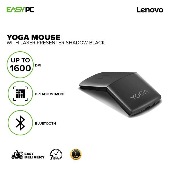 Lenovo Yoga Mouse with Laser Presenter, 2.4GHz Wireless Nano Receiver & Bluetooth, Ergonomic V-Shape, Adjustable 1600 DPI, Optical Mouse, Shadow Black /Iron Grey Mouse with Laser Presenter 1ION - Image 2