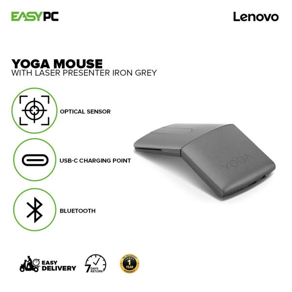 Lenovo Yoga Mouse with Laser Presenter, 2.4GHz Wireless Nano Receiver & Bluetooth, Ergonomic V-Shape, Adjustable 1600 DPI, Optical Mouse, Shadow Black /Iron Grey Mouse with Laser Presenter 1ION - Image 7