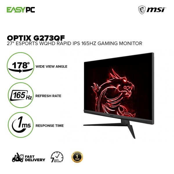 MSI Optix G273QF 27"eSports WQHD Rapid IPS 165Hz Refresh Rate Respond faster with smoother frames 1ms GTG Response Time Eliminate screen tearing and choppy frame rates Frameless Design Gaming Monitor 1ION MSG22334 - Image 2