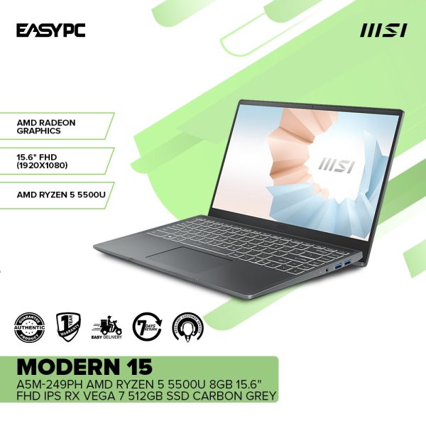 MSI MODERN 15 A5M-249PH AMD Ryzen 5 5500U 8GB 15.6" FHD IPS RX Vega 7 512GB SSD Win 10 Home Ultrabook Carbon Gray 1ION - Image 2